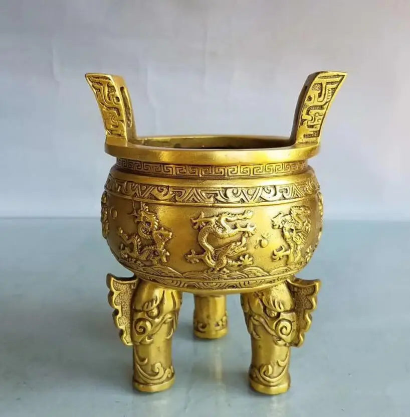 China brass seiko nine dragon tripod Incense burner crafts statue