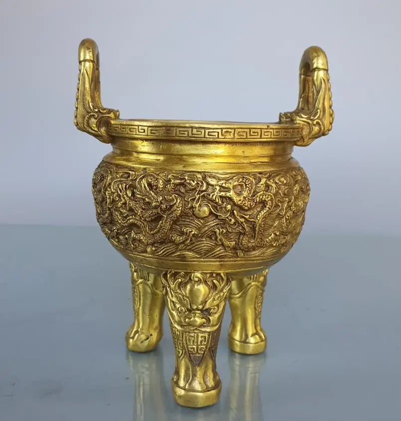 China brass seiko nine dragon tripod Incense burner crafts statue