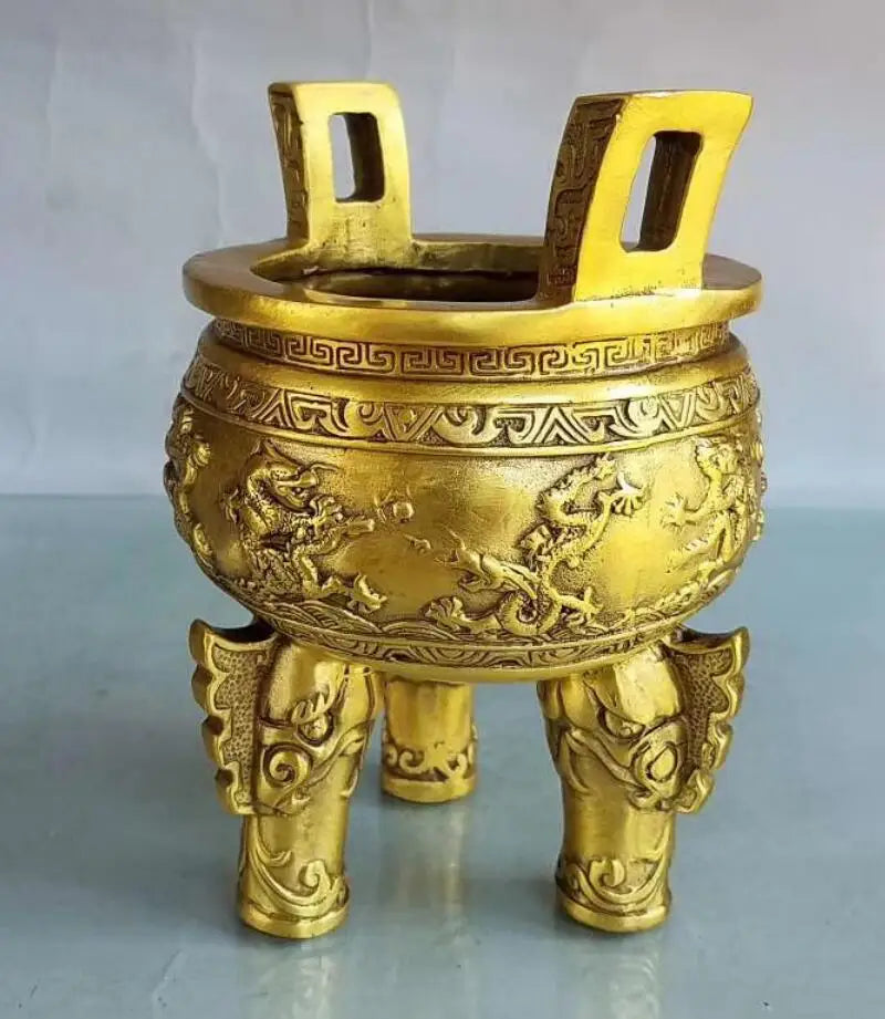 China brass seiko nine dragon tripod Incense burner crafts statue