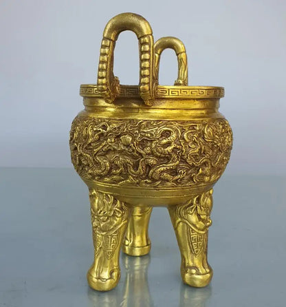 China brass seiko nine dragon tripod Incense burner crafts statue
