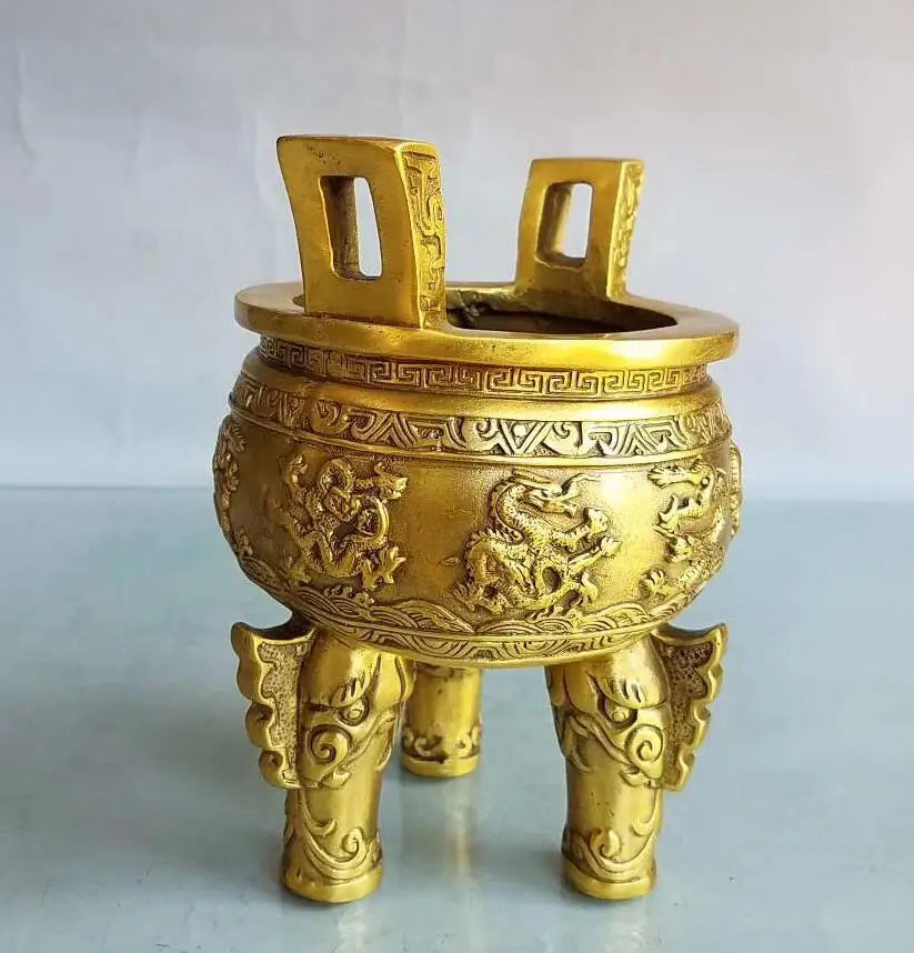 China brass seiko nine dragon tripod Incense burner crafts statue