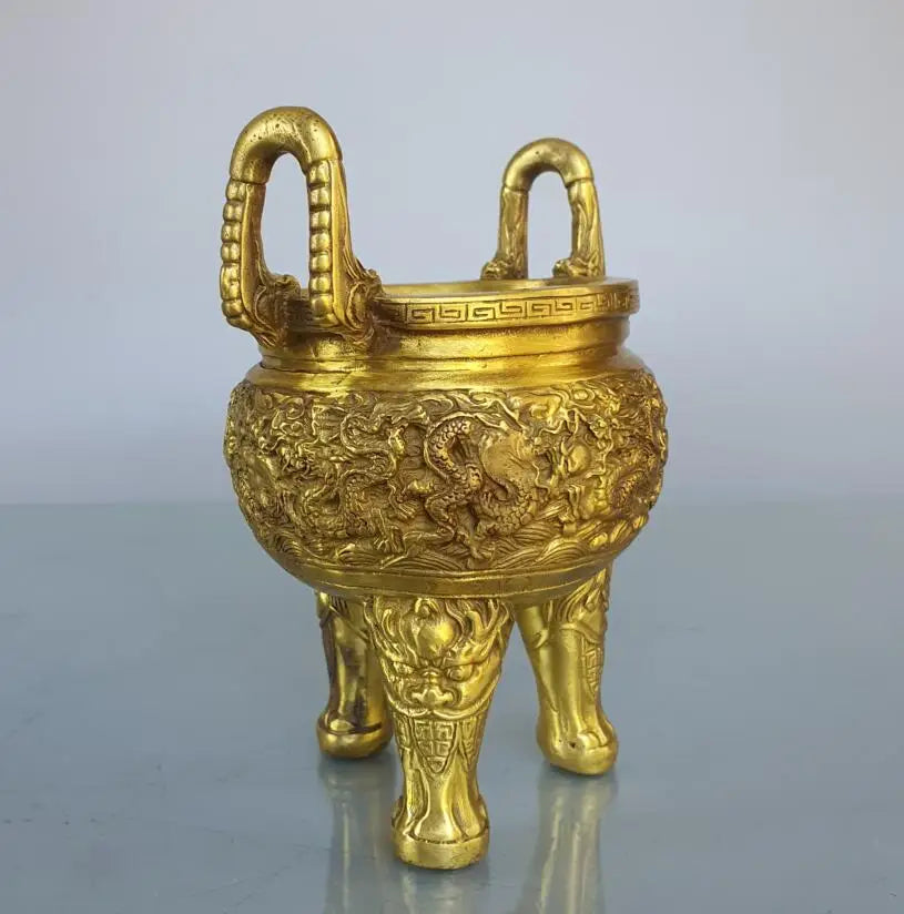 China brass seiko nine dragon tripod Incense burner crafts statue