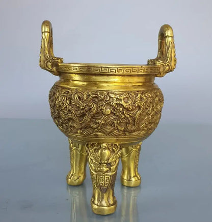 China brass seiko nine dragon tripod Incense burner crafts statue