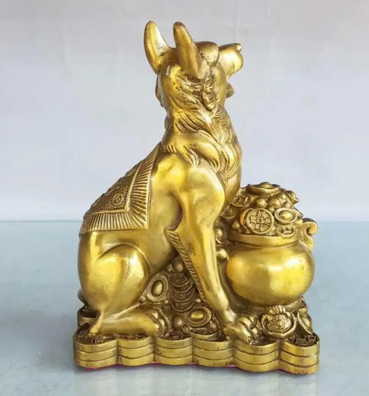 China brass seiko treasure bowl dog wealth crafts statue