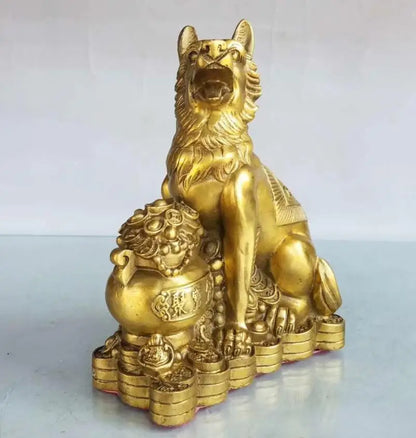 China brass seiko treasure bowl dog wealth crafts statue