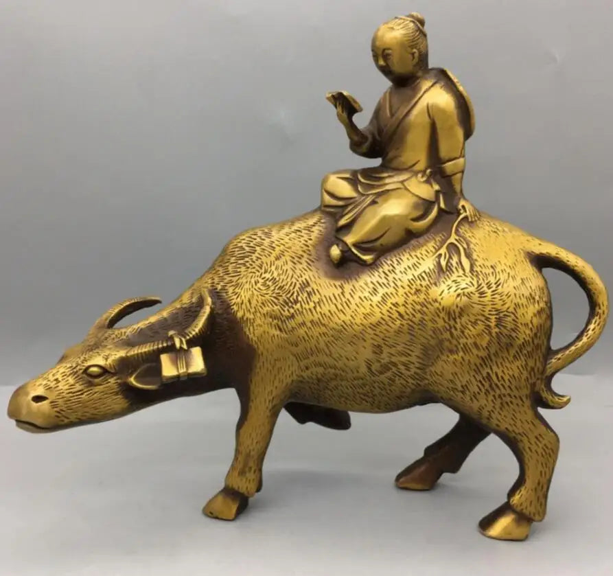 China brass shepherd boy Ride cow crafts statue