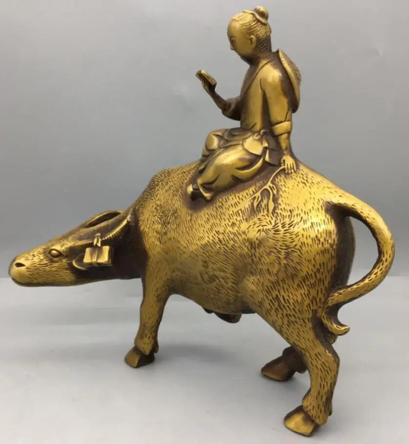 China brass shepherd boy Ride cow crafts statue