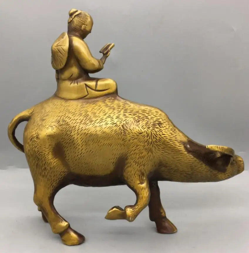 China brass shepherd boy Ride cow crafts statue