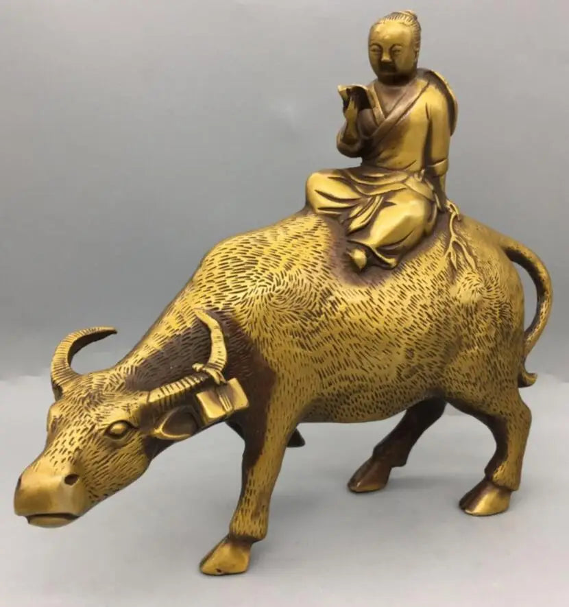 China brass shepherd boy Ride cow crafts statue