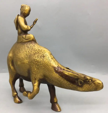 China brass shepherd boy Ride cow crafts statue