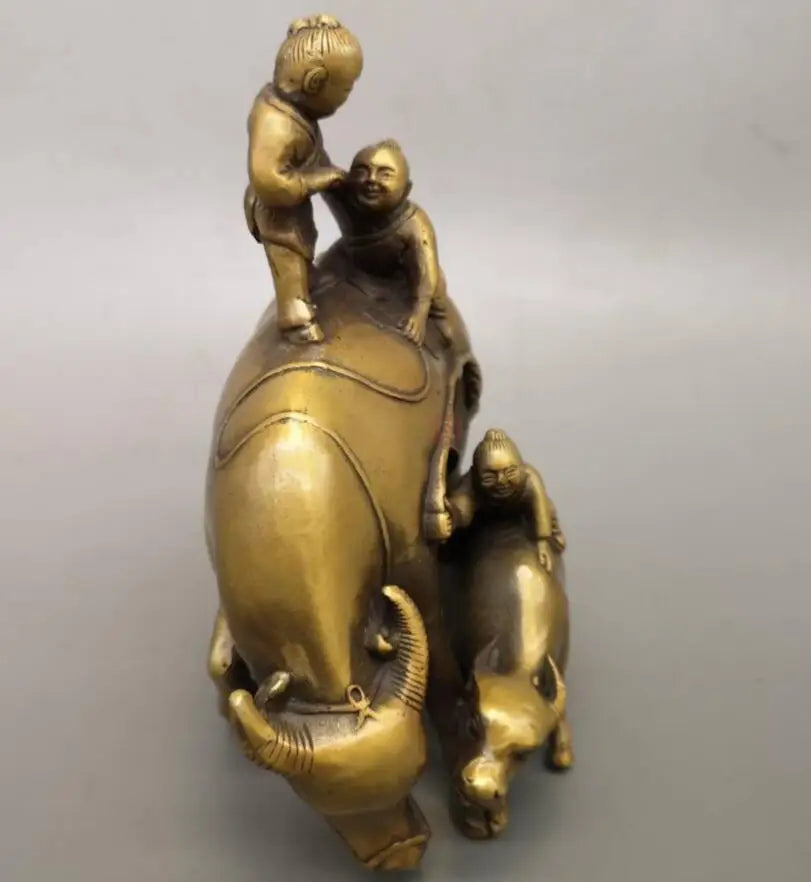 China brass shepherd boy Riding cow crafts statue