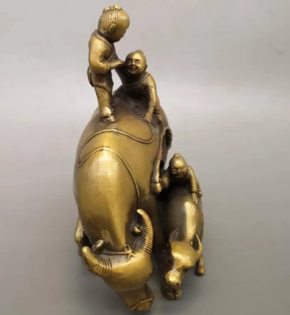 China brass shepherd boy Riding cow crafts statue