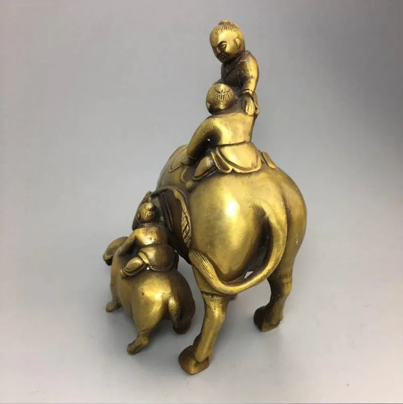 China brass shepherd boy Riding cow crafts statue