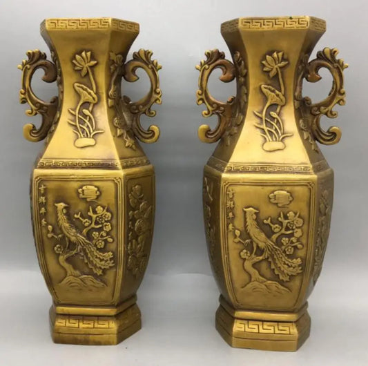 China brass six Angle vase crafts statue A pair
