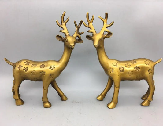 China brass small Sika deer crafts statue A pair