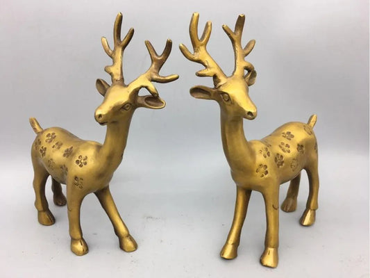 China brass small Sika deer crafts statue A pair