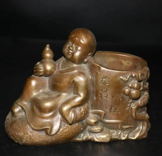 China brass small monk Pen holder crafts statue