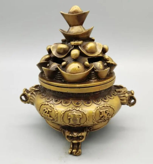 China brass treasure bowl Ingots Incense burner crafts statue