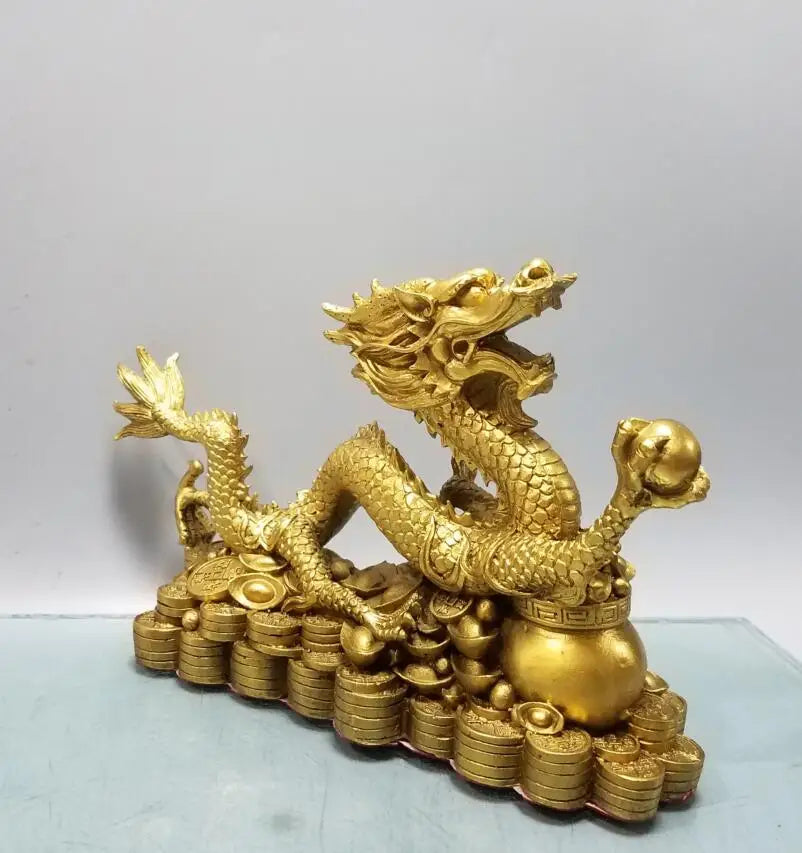 China brass treasure bowl recruit wealth dragon crafts statue