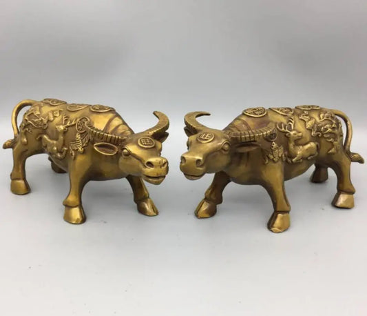 China brass wealth cow crafts statue A pair