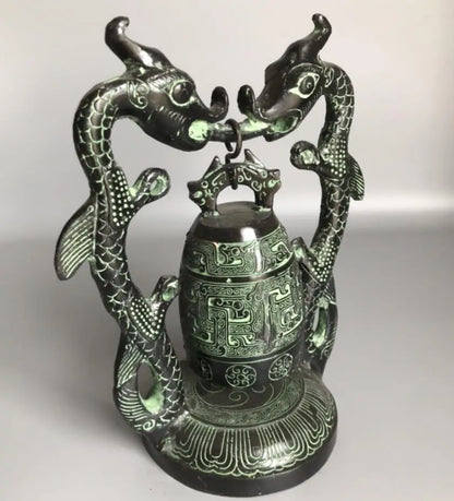 China bronze archaize double dragon bell crafts statue
