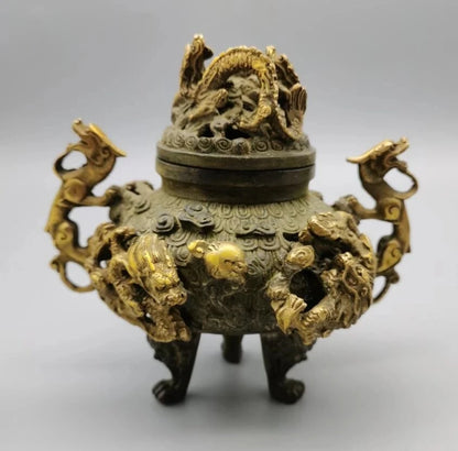China bronze archaize nine dragon Incense burner crafts statue