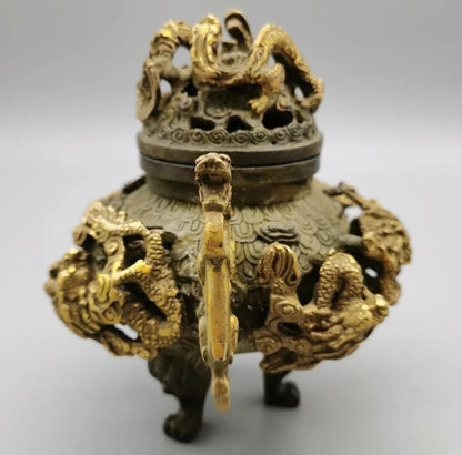 China bronze archaize nine dragon Incense burner crafts statue