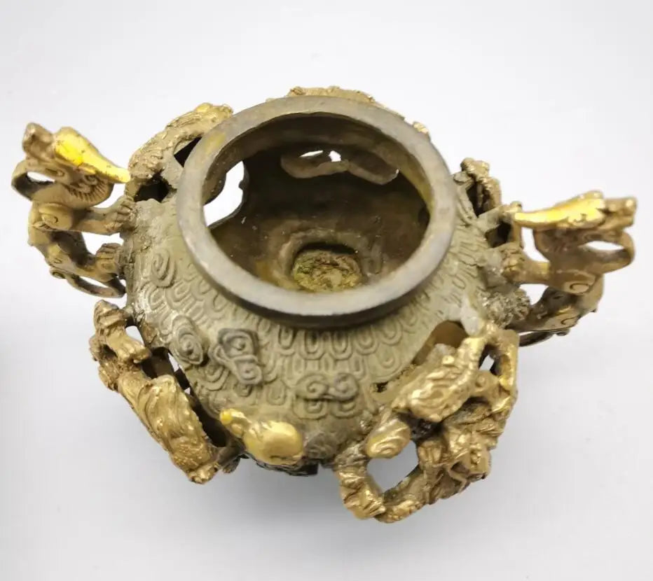 China bronze archaize nine dragon Incense burner crafts statue