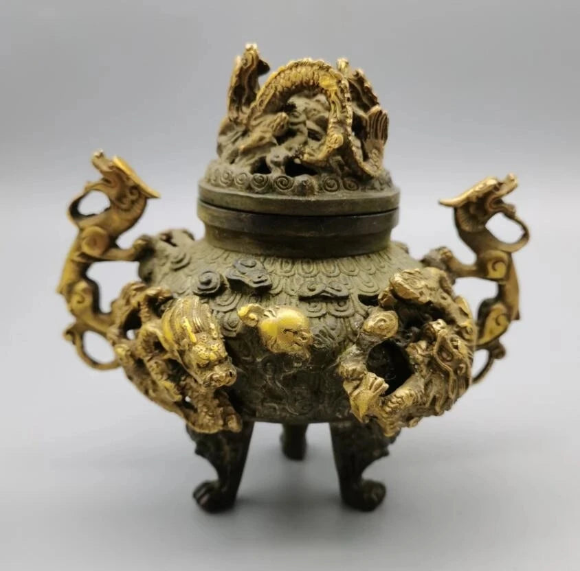 China bronze archaize nine dragon Incense burner crafts statue