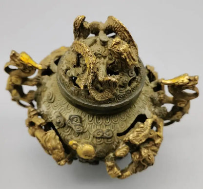 China bronze archaize nine dragon Incense burner crafts statue