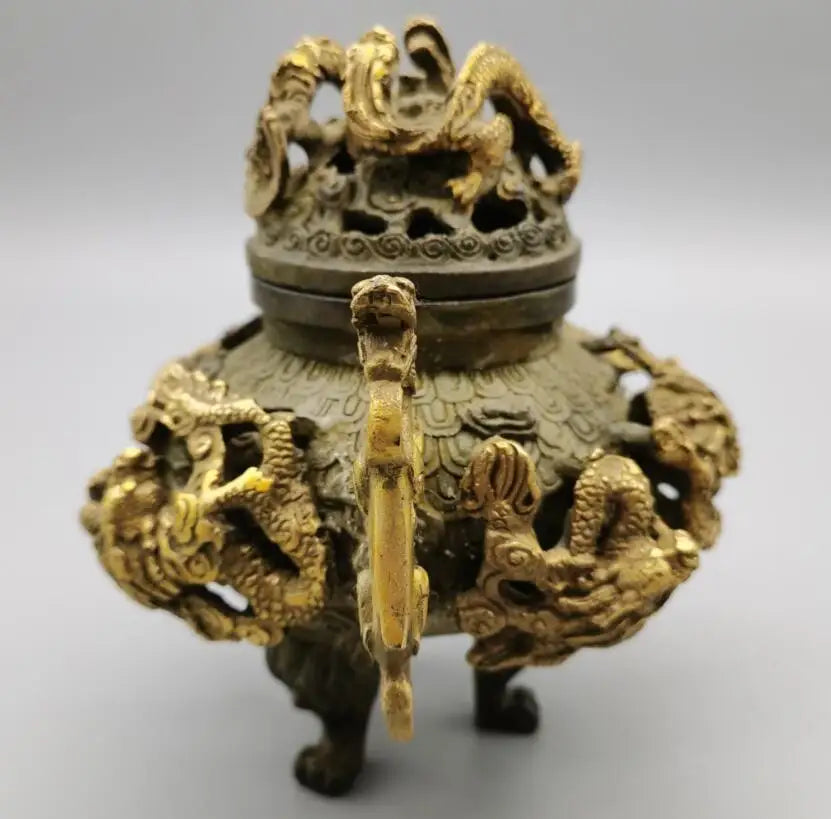 China bronze archaize nine dragon Incense burner crafts statue