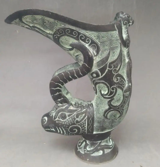 China bronze cow head wine cup crafts statue