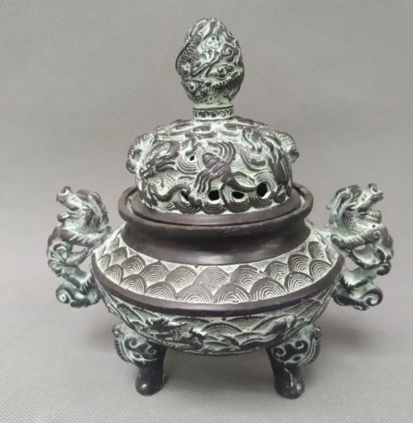 China bronze double dragon ear incense burner crafts statue