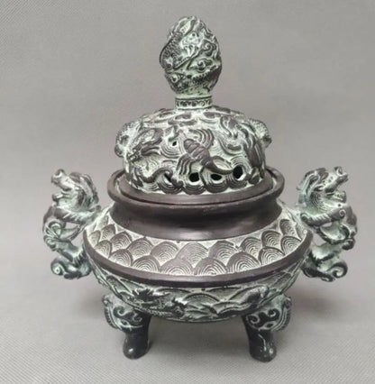 China bronze double dragon ear incense burner crafts statue
