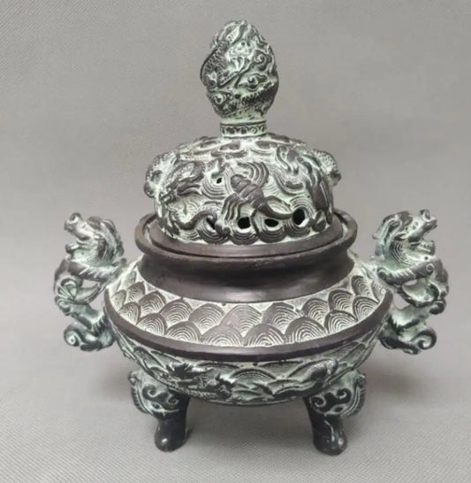 China bronze double dragon ear incense burner crafts statue
