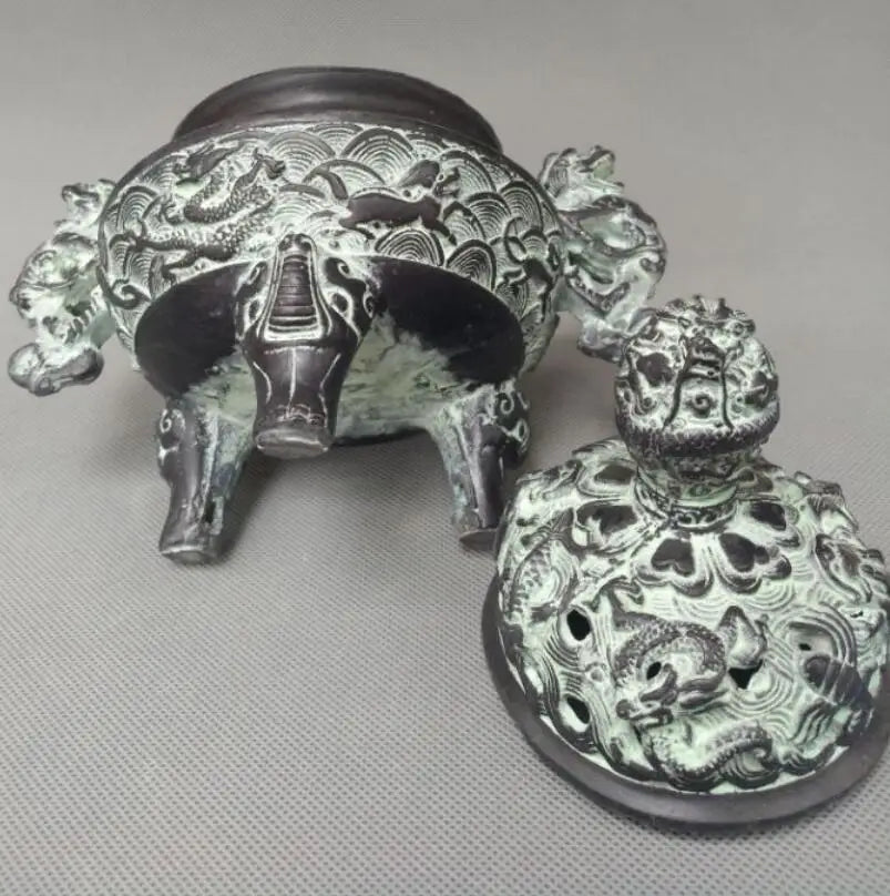 China bronze double dragon ear incense burner crafts statue