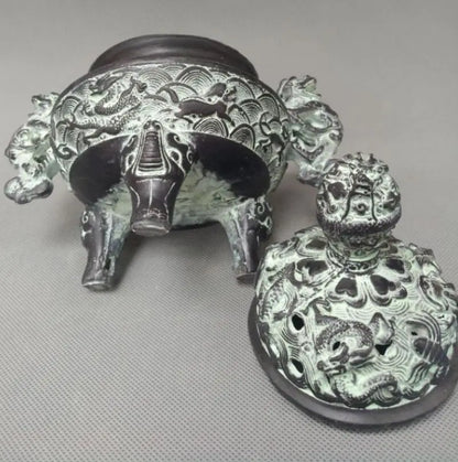 China bronze double dragon ear incense burner crafts statue