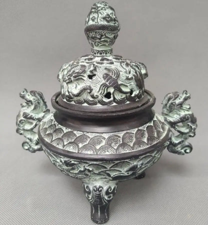 China bronze double dragon ear incense burner crafts statue