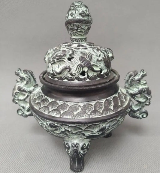 China bronze double dragon ear incense burner crafts statue