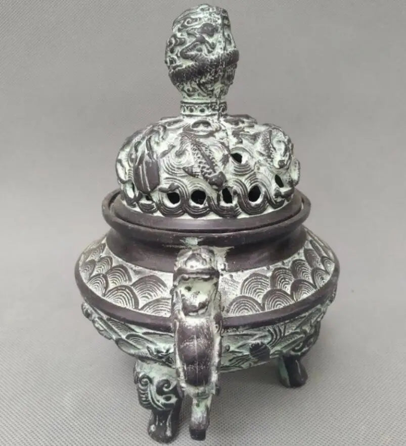 China bronze double dragon ear incense burner crafts statue