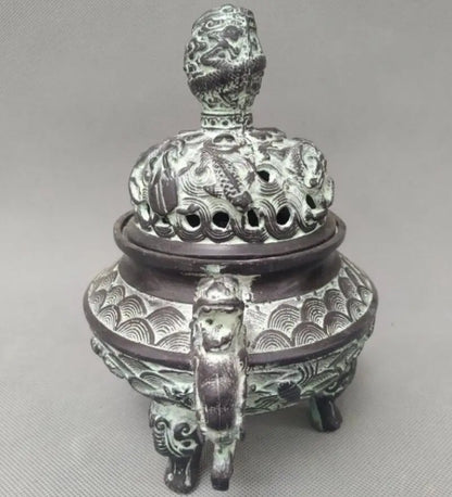 China bronze double dragon ear incense burner crafts statue