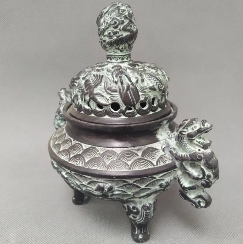 China bronze double dragon ear incense burner crafts statue