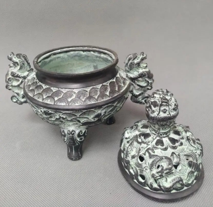 China bronze double dragon ear incense burner crafts statue