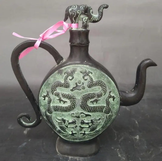 China bronze double dragon teapot crafts statue