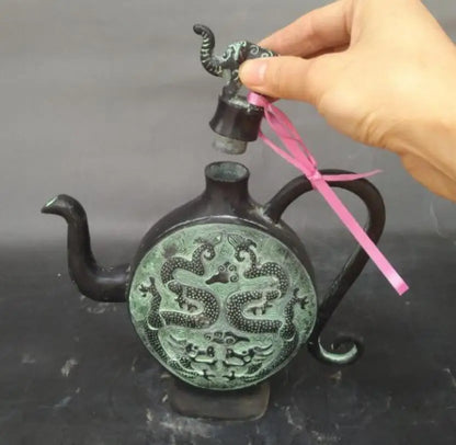 China bronze double dragon teapot crafts statue