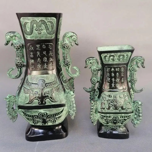 China bronze double dragon vase crafts statue