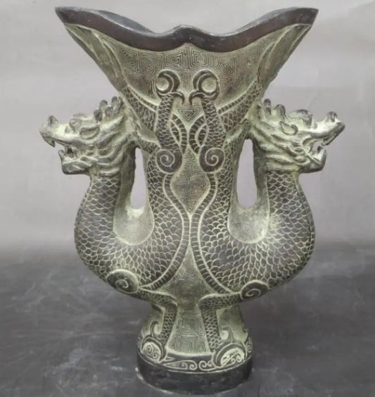 China bronze double dragon wine cup crafts statue