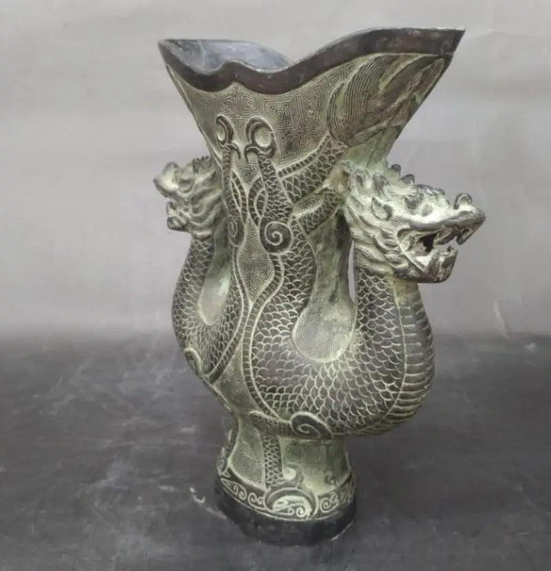 China bronze double dragon wine cup crafts statue