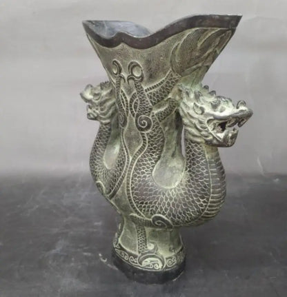 China bronze double dragon wine cup crafts statue