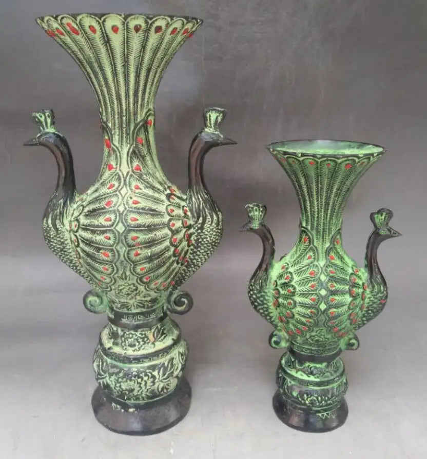 China bronze double peacock vase crafts statue